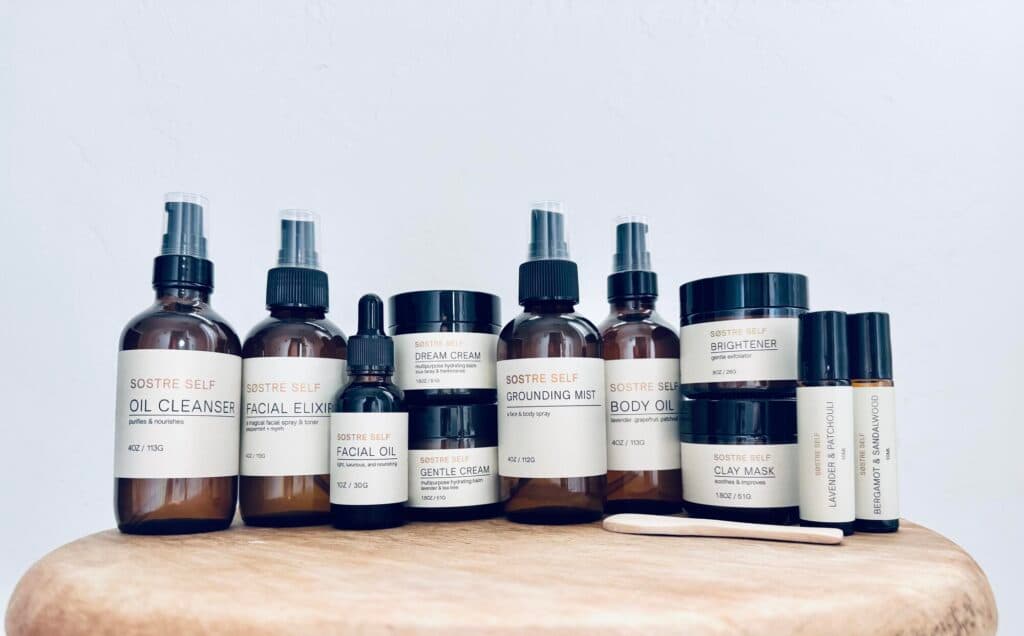 Sostre Self skincare product lineup — oil cleanser, facial elixir, dream cream, and more